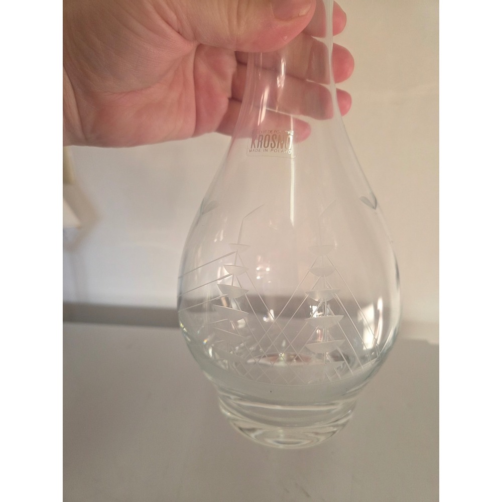 Krosno Poland Glass Ship Etched Decanter with Stopper 14.5 Inch Clear - Picture 2 of 7